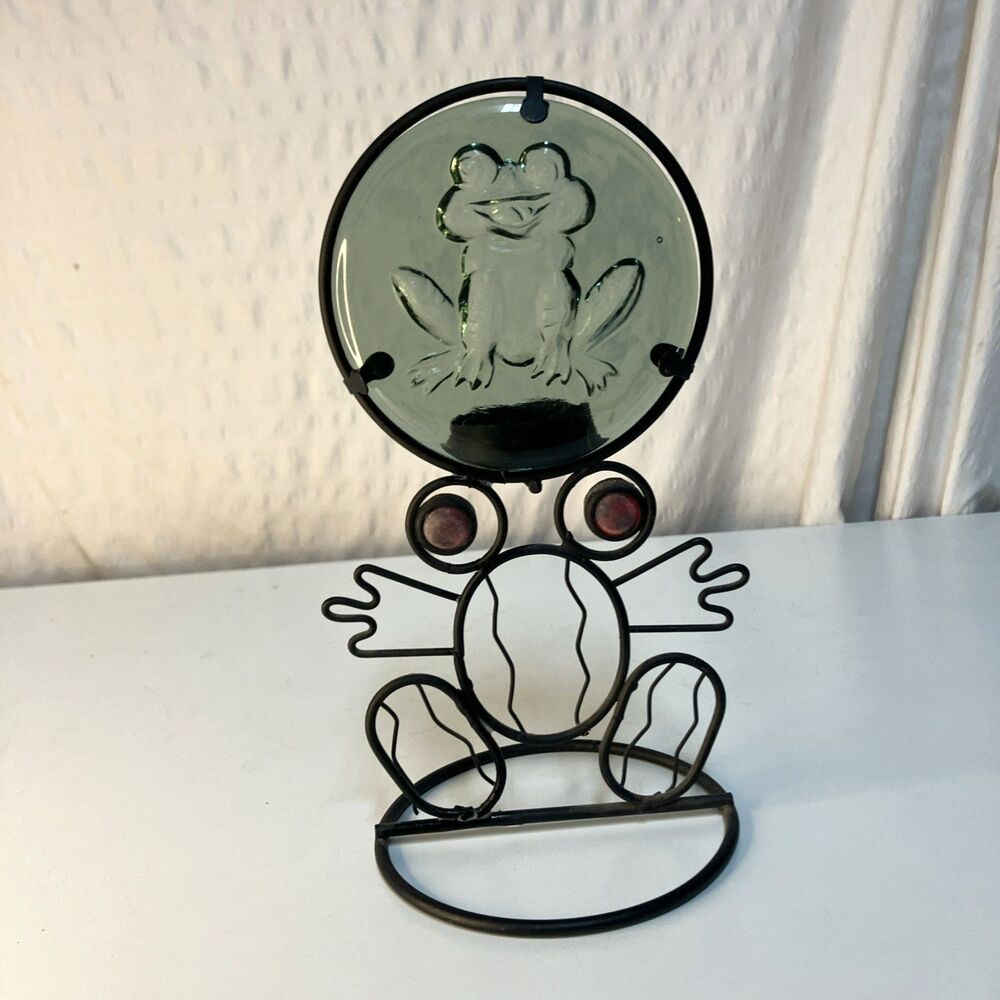 VTG 90’s Green Round Glass Metal Frame Frog Themed Votive Candle Holder 9”